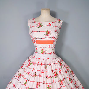 50s CALIFORNIA COTTONS PASTEL PINK RIBBON AND PANSY PRINT FULL SKIRTED DRESS - S