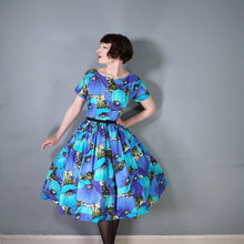 Load image into Gallery viewer, 50s 60s HANDMADE VIVID LARGE BLUE AND TURQUOUISE FLORAL FULL SKIRTED DRESS - XS-S