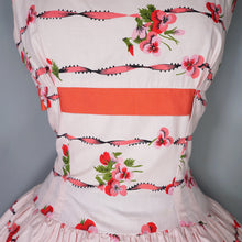 Load image into Gallery viewer, 50s CALIFORNIA COTTONS PASTEL PINK RIBBON AND PANSY PRINT FULL SKIRTED DRESS - S