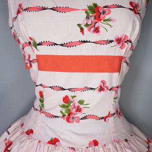 50s CALIFORNIA COTTONS PASTEL PINK RIBBON AND PANSY PRINT FULL SKIRTED DRESS - S