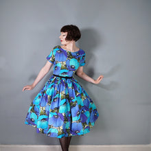 Load image into Gallery viewer, 50s 60s HANDMADE VIVID LARGE BLUE AND TURQUOUISE FLORAL FULL SKIRTED DRESS - XS-S
