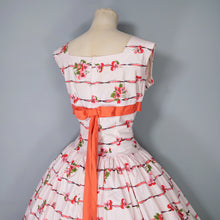 Load image into Gallery viewer, 50s CALIFORNIA COTTONS PASTEL PINK RIBBON AND PANSY PRINT FULL SKIRTED DRESS - S