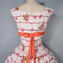 Load image into Gallery viewer, 50s CALIFORNIA COTTONS PASTEL PINK RIBBON AND PANSY PRINT FULL SKIRTED DRESS - S