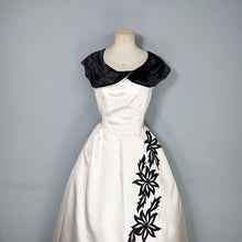 Load image into Gallery viewer, 40s 50s WHITE SATIN EVEING DRESS WITH BLACK VELVET FLOWERS AND COLLAR - S