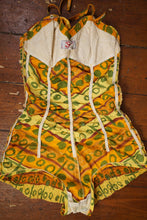 Load image into Gallery viewer, 50s GREEN, ORANGE AND YELLOW &quot;SWAN&quot; SHIRRED COTTON SWIMSUIT - S