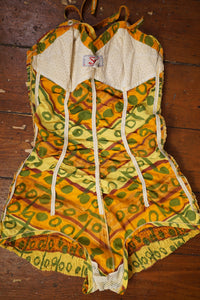 50s GREEN, ORANGE AND YELLOW "SWAN" SHIRRED COTTON SWIMSUIT - S
