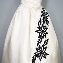 Load image into Gallery viewer, 40s 50s WHITE SATIN EVEING DRESS WITH BLACK VELVET FLOWERS AND COLLAR - S