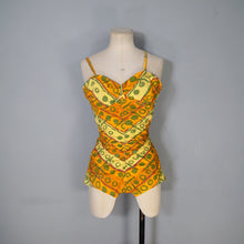 Load image into Gallery viewer, 50s GREEN, ORANGE AND YELLOW &quot;SWAN&quot; SHIRRED COTTON SWIMSUIT - S
