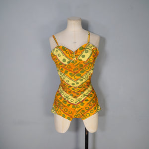 50s GREEN, ORANGE AND YELLOW "SWAN" SHIRRED COTTON SWIMSUIT - S