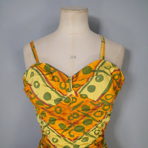 50s GREEN, ORANGE AND YELLOW "SWAN" SHIRRED COTTON SWIMSUIT - S