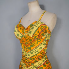 Load image into Gallery viewer, 50s GREEN, ORANGE AND YELLOW &quot;SWAN&quot; SHIRRED COTTON SWIMSUIT - S