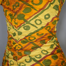 Load image into Gallery viewer, 50s GREEN, ORANGE AND YELLOW &quot;SWAN&quot; SHIRRED COTTON SWIMSUIT - S