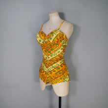 Load image into Gallery viewer, 50s GREEN, ORANGE AND YELLOW &quot;SWAN&quot; SHIRRED COTTON SWIMSUIT - S