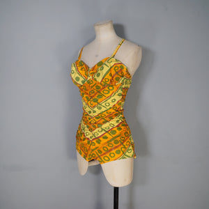 50s GREEN, ORANGE AND YELLOW "SWAN" SHIRRED COTTON SWIMSUIT - S