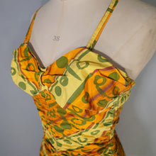 Load image into Gallery viewer, 50s GREEN, ORANGE AND YELLOW &quot;SWAN&quot; SHIRRED COTTON SWIMSUIT - S