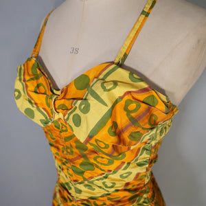 50s GREEN, ORANGE AND YELLOW "SWAN" SHIRRED COTTON SWIMSUIT - S