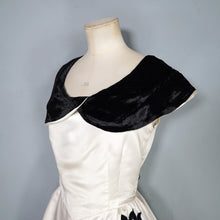 Load image into Gallery viewer, 40s 50s WHITE SATIN EVEING DRESS WITH BLACK VELVET FLOWERS AND COLLAR - S