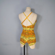 Load image into Gallery viewer, 50s GREEN, ORANGE AND YELLOW &quot;SWAN&quot; SHIRRED COTTON SWIMSUIT - S