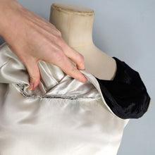 Load image into Gallery viewer, 40s 50s WHITE SATIN EVEING DRESS WITH BLACK VELVET FLOWERS AND COLLAR - S