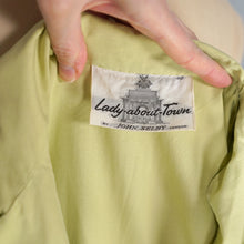 Load image into Gallery viewer, 50s 60s JOHN SELBY LADY-ABOUT-TOWN PALE GREEN EMBROIDERED SHIRTWAIST DRESS WITH BELT - M