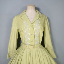 Load image into Gallery viewer, 50s 60s JOHN SELBY LADY-ABOUT-TOWN PALE GREEN EMBROIDERED SHIRTWAIST DRESS WITH BELT - M