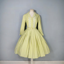 Load image into Gallery viewer, 50s 60s JOHN SELBY LADY-ABOUT-TOWN PALE GREEN EMBROIDERED SHIRTWAIST DRESS WITH BELT - M