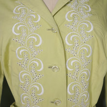 Load image into Gallery viewer, 50s 60s JOHN SELBY LADY-ABOUT-TOWN PALE GREEN EMBROIDERED SHIRTWAIST DRESS WITH BELT - M