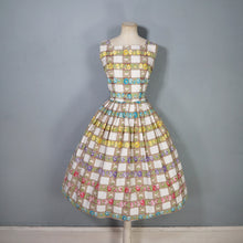 Load image into Gallery viewer, 50s BROWN CHECK WITH RAINBOW FLORAL COTTON DAY DRESS - S