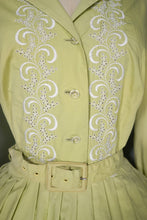 Load image into Gallery viewer, 50s 60s JOHN SELBY LADY-ABOUT-TOWN PALE GREEN EMBROIDERED SHIRTWAIST DRESS WITH BELT - M