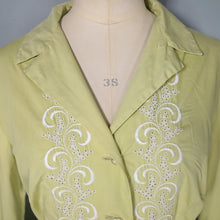 Load image into Gallery viewer, 50s 60s JOHN SELBY LADY-ABOUT-TOWN PALE GREEN EMBROIDERED SHIRTWAIST DRESS WITH BELT - M