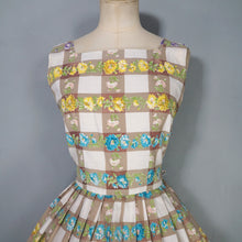 Load image into Gallery viewer, 50s BROWN CHECK WITH RAINBOW FLORAL COTTON DAY DRESS - S