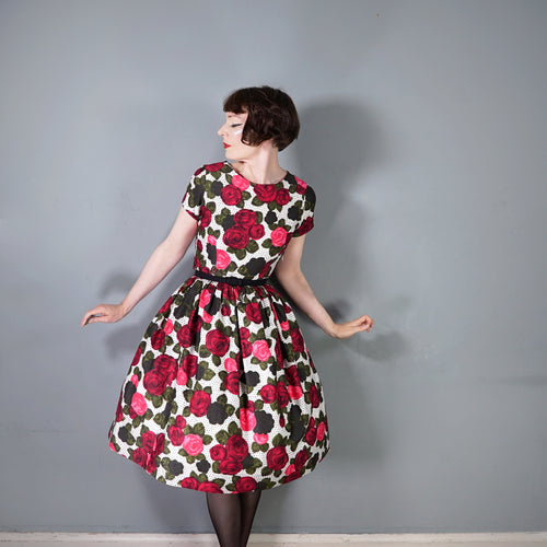 HANDMADE 60s POLKA DOT AND DARK RED ROSE PATTERN DRESS - S