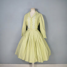 Load image into Gallery viewer, 50s 60s JOHN SELBY LADY-ABOUT-TOWN PALE GREEN EMBROIDERED SHIRTWAIST DRESS WITH BELT - M