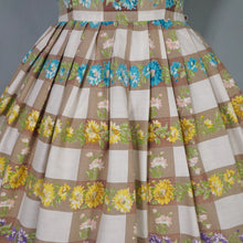Load image into Gallery viewer, 50s BROWN CHECK WITH RAINBOW FLORAL COTTON DAY DRESS - S