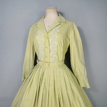 Load image into Gallery viewer, 50s 60s JOHN SELBY LADY-ABOUT-TOWN PALE GREEN EMBROIDERED SHIRTWAIST DRESS WITH BELT - M