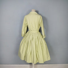 Load image into Gallery viewer, 50s 60s JOHN SELBY LADY-ABOUT-TOWN PALE GREEN EMBROIDERED SHIRTWAIST DRESS WITH BELT - M