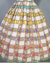 Load image into Gallery viewer, 50s BROWN CHECK WITH RAINBOW FLORAL COTTON DAY DRESS - S