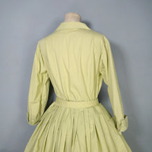 Load image into Gallery viewer, 50s 60s JOHN SELBY LADY-ABOUT-TOWN PALE GREEN EMBROIDERED SHIRTWAIST DRESS WITH BELT - M