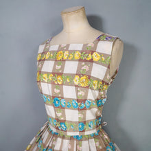 Load image into Gallery viewer, 50s BROWN CHECK WITH RAINBOW FLORAL COTTON DAY DRESS - S