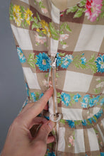 Load image into Gallery viewer, 50s BROWN CHECK WITH RAINBOW FLORAL COTTON DAY DRESS - S