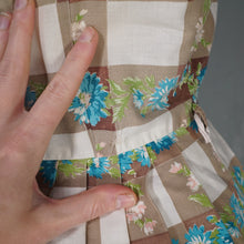 Load image into Gallery viewer, 50s BROWN CHECK WITH RAINBOW FLORAL COTTON DAY DRESS - S