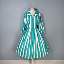Load image into Gallery viewer, 50s 60s COLOURFUL GREEN AND WHITE STRIPE SHIRTWAIST WITH FULL SKIRT - S