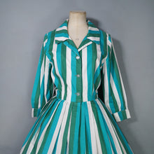 Load image into Gallery viewer, 50s 60s COLOURFUL GREEN AND WHITE STRIPE SHIRTWAIST WITH FULL SKIRT - S