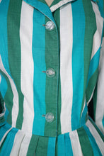 Load image into Gallery viewer, 50s 60s COLOURFUL GREEN AND WHITE STRIPE SHIRTWAIST WITH FULL SKIRT - S