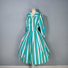 Load image into Gallery viewer, 50s 60s COLOURFUL GREEN AND WHITE STRIPE SHIRTWAIST WITH FULL SKIRT - S