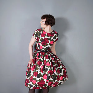 HANDMADE 60s POLKA DOT AND DARK RED ROSE PATTERN DRESS - S