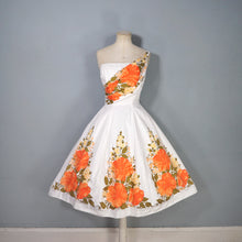 Load image into Gallery viewer, 50s 60s WHITE AND VIVID ORANGE FLORAL ONE SHOULDER FIT AND FLARE DRESS - XS-S