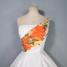 Load image into Gallery viewer, 50s 60s WHITE AND VIVID ORANGE FLORAL ONE SHOULDER FIT AND FLARE DRESS - XS-S