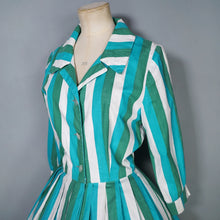 Load image into Gallery viewer, 50s 60s COLOURFUL GREEN AND WHITE STRIPE SHIRTWAIST WITH FULL SKIRT - S