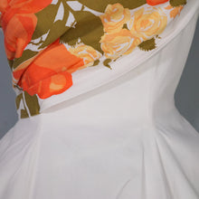 Load image into Gallery viewer, 50s 60s WHITE AND VIVID ORANGE FLORAL ONE SHOULDER FIT AND FLARE DRESS - XS-S